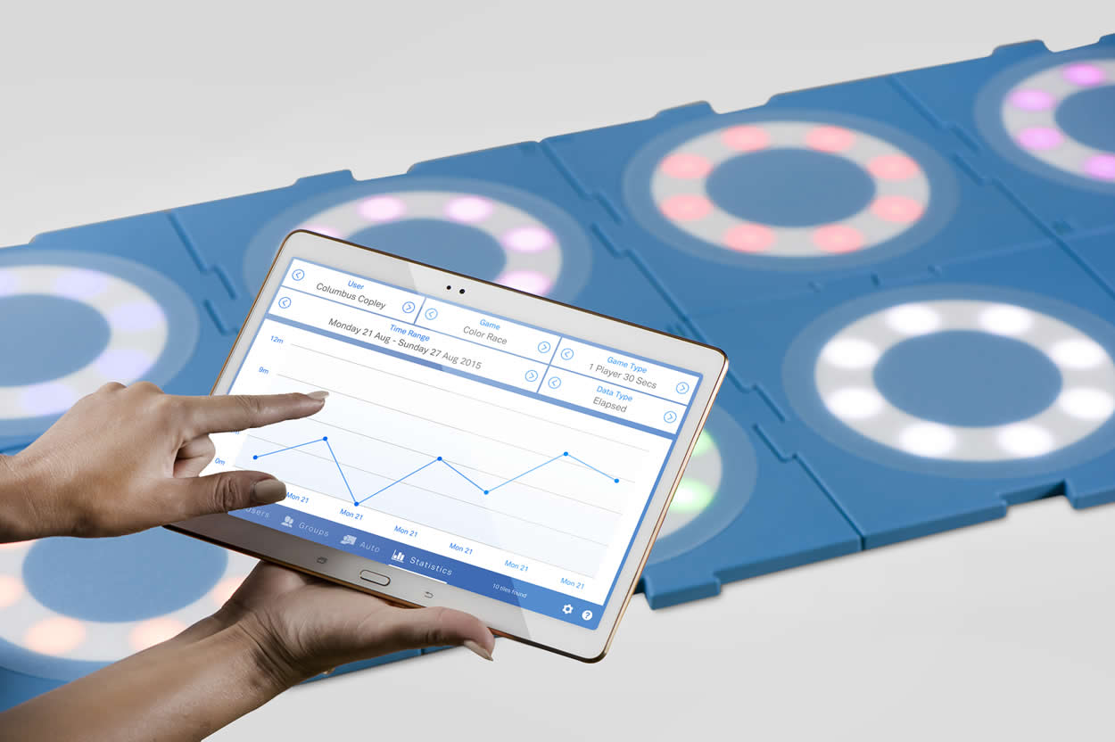A tablet showing a player's progress graph next to lit MOTO tiles